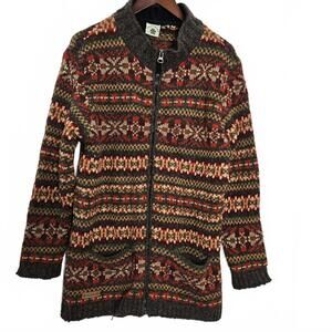 Pachamama Hand Knit Wool Cardigan Sweater Women's Large Nepal Earthy Red Orange